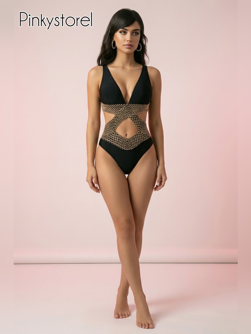 Black One-Piece Cutout Swimsuit with Gold Chain Detail